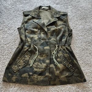 Camouflage Utility Vest Lightweight Sleeveless Drawstring Jacket W/ Pockets Y2K